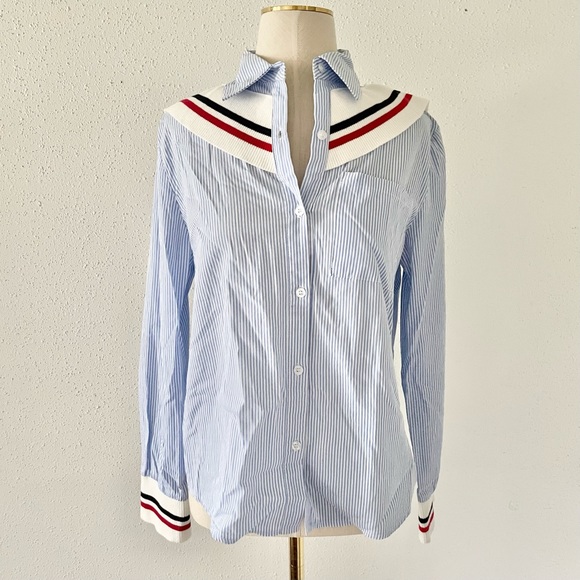 Women's Size Medium Blue/White Striped Ruffle Knit Long Sleeve Button Down Shirt - Picture 2 of 7